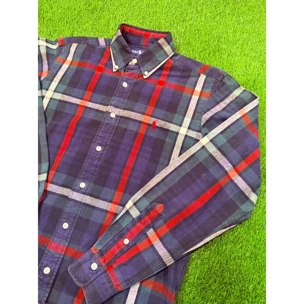 Vintage 90s Ralph Lauren Mens Flannel Shirt Navy Red Plaid Button Down Pony